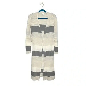 CAbi Vineyard Striped Long Line Duster Cardigan Coastal Gray Beige Size Medium